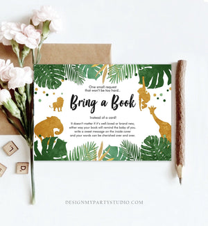 Editable Safari Animals Bring a Book Card Baby Shower Books for Baby Insert Wild One Boy Green Gold Jungle Zoo Corjl Template Printable 0016