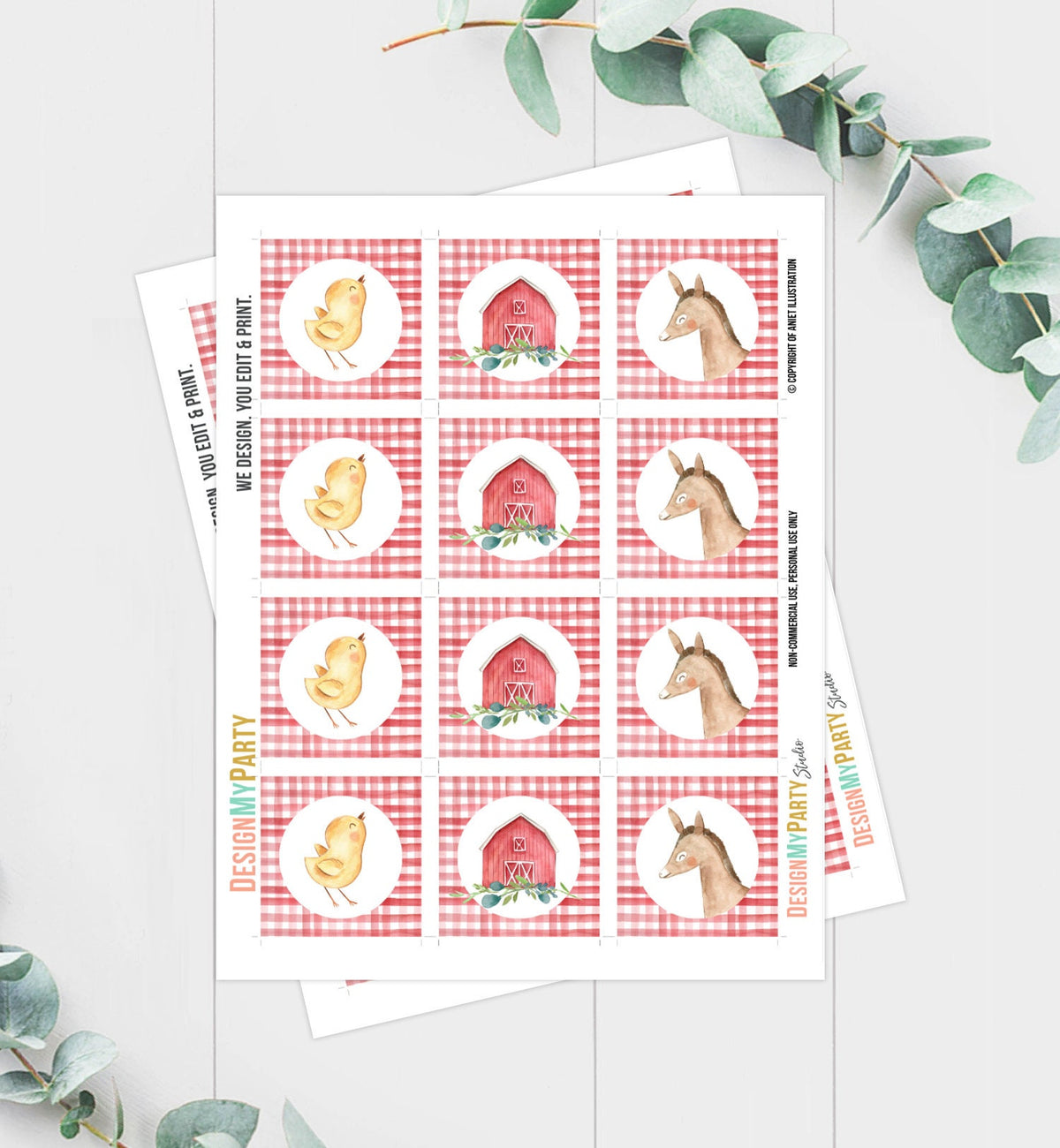 Barnyard Birthday Cupcake Toppers Favor Tags Farm Birthday Party Decoration Red Farm Animals Stickers download Digital PRINTABLE 0155