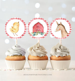 Barnyard Birthday Cupcake Toppers Favor Tags Farm Birthday Party Decoration Red Farm Animals Stickers download Digital PRINTABLE 0155