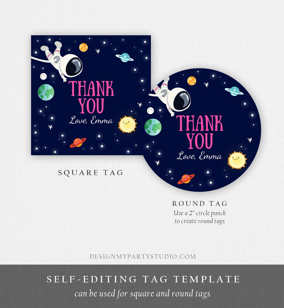 Editable Girl Space Astronaut Favor Tag Thank You Birthday Party Outer Space Galaxy Planets Stars Sticker Digital Template Printable 0259