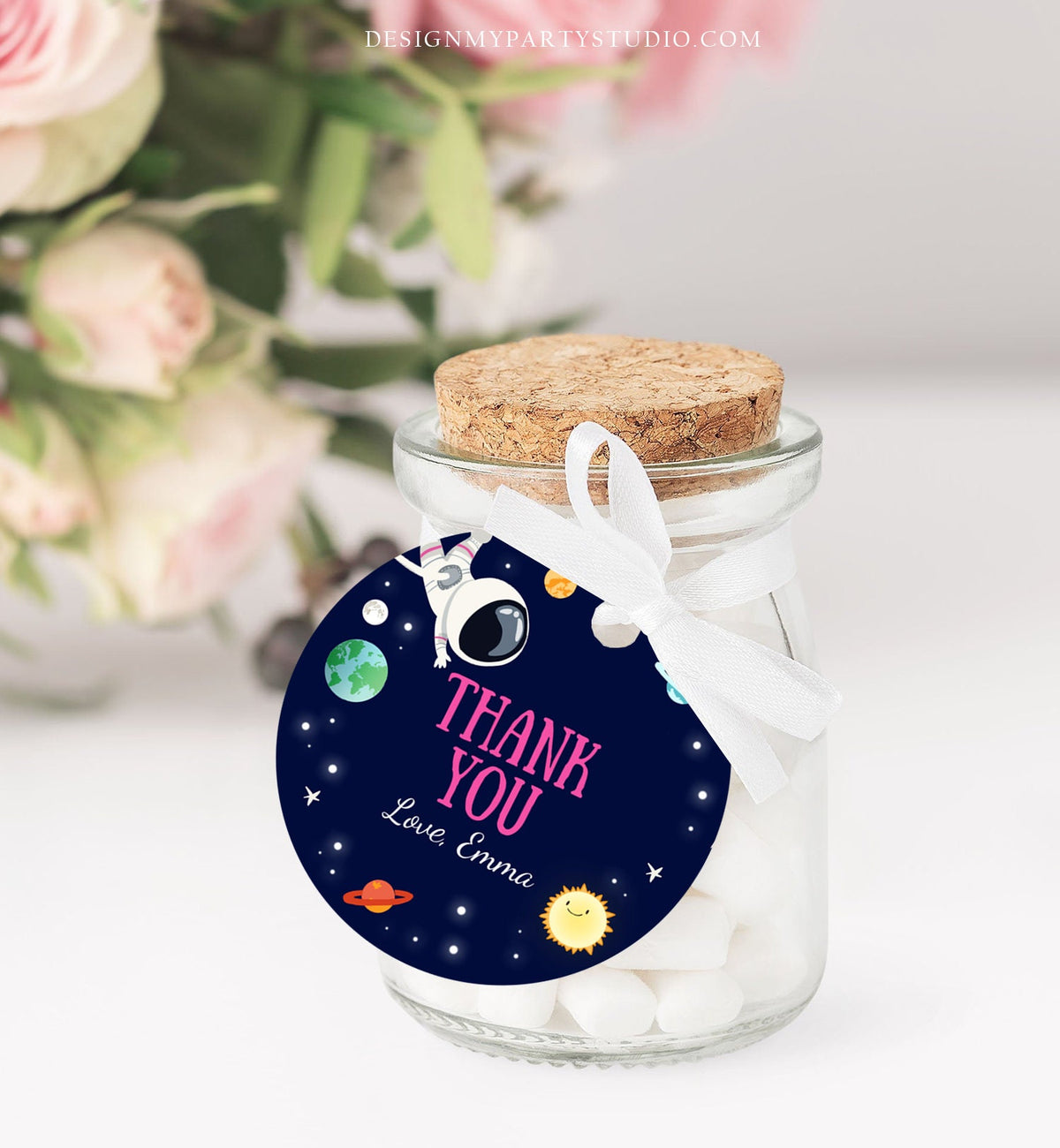 Editable Girl Space Astronaut Favor Tag Thank You Birthday Party Outer Space Galaxy Planets Stars Sticker Digital Template Printable 0259