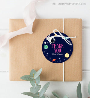 Editable Girl Space Astronaut Favor Tag Thank You Tag Birthday Party Outer Space Galaxy Planets and Stars Round Square Corjl Template 0259