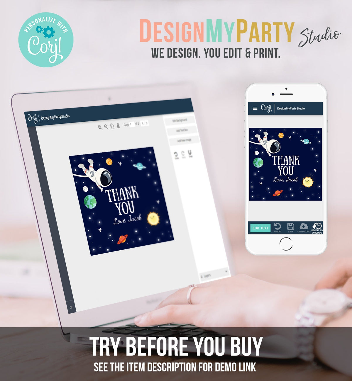 Editable Boy Space Astronaut Favor Tag Thank You Tag Birthday Party Outer Space Galaxy Planets and Stars Round Square Corjl Template 0259