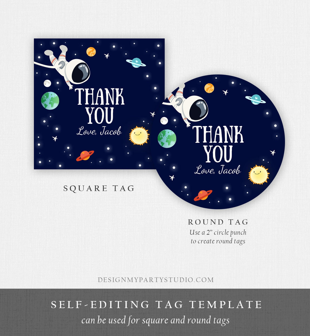 Editable Boy Space Astronaut Favor Tag Thank You Tag Birthday Party Outer Space Galaxy Planets and Stars Round Square Corjl Template 0259