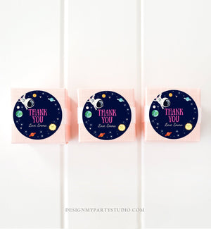 Editable Girl Space Astronaut Favor Tag Thank You Tag Birthday Party Outer Space Galaxy Planets and Stars Round Square Corjl Template 0259