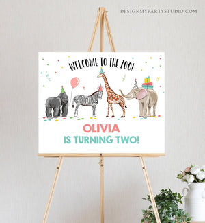 Editable Party Animals Welcome to the Zoo Sign Party Animal Sign Safari Jungle Sign Birthday Animals Girl Pink Template PRINTABLE Corjl 0142