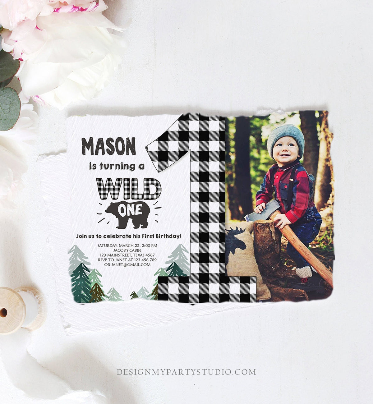 Editable Lumberjack Wild One Birthday Invitation First Birthday Forest Trees Black White Plaid Outdoor Bear Boy 1st Corjl Template 0377