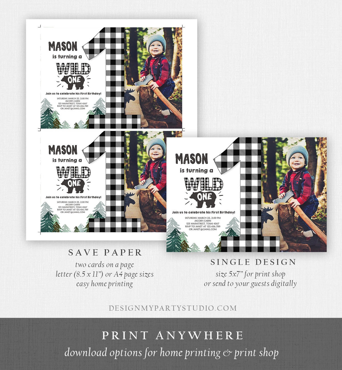 Editable Lumberjack Wild One Birthday Invitation First Birthday Forest Trees Black White Plaid Outdoor Bear Boy 1st Corjl Template 0377