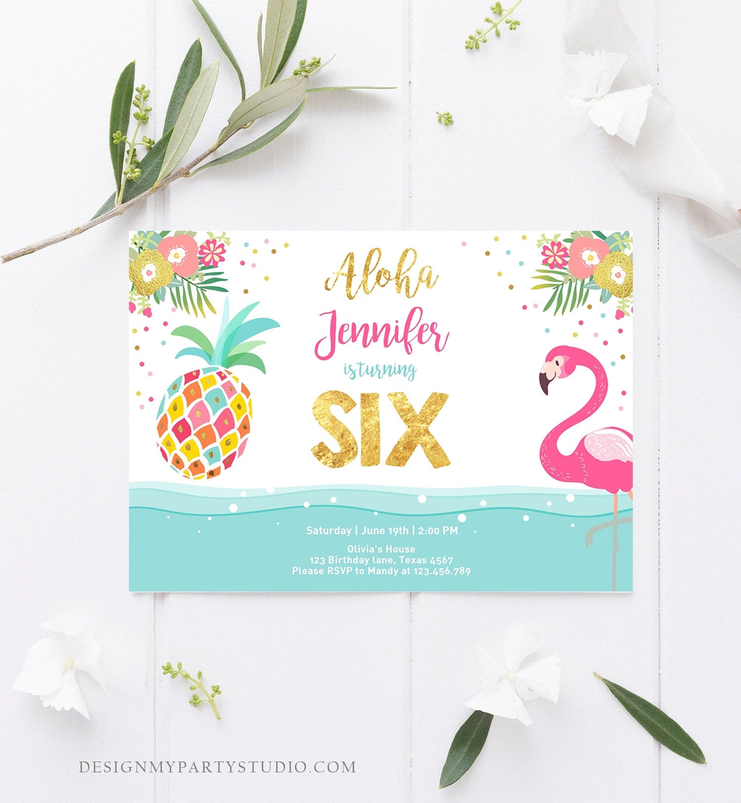 Editable Aloha Tropical Birthday Invitation ANY AGE Flamingo Pineapple Luau Party Leaves Pink Gold Hawaiian Corjl Template Printable 0200