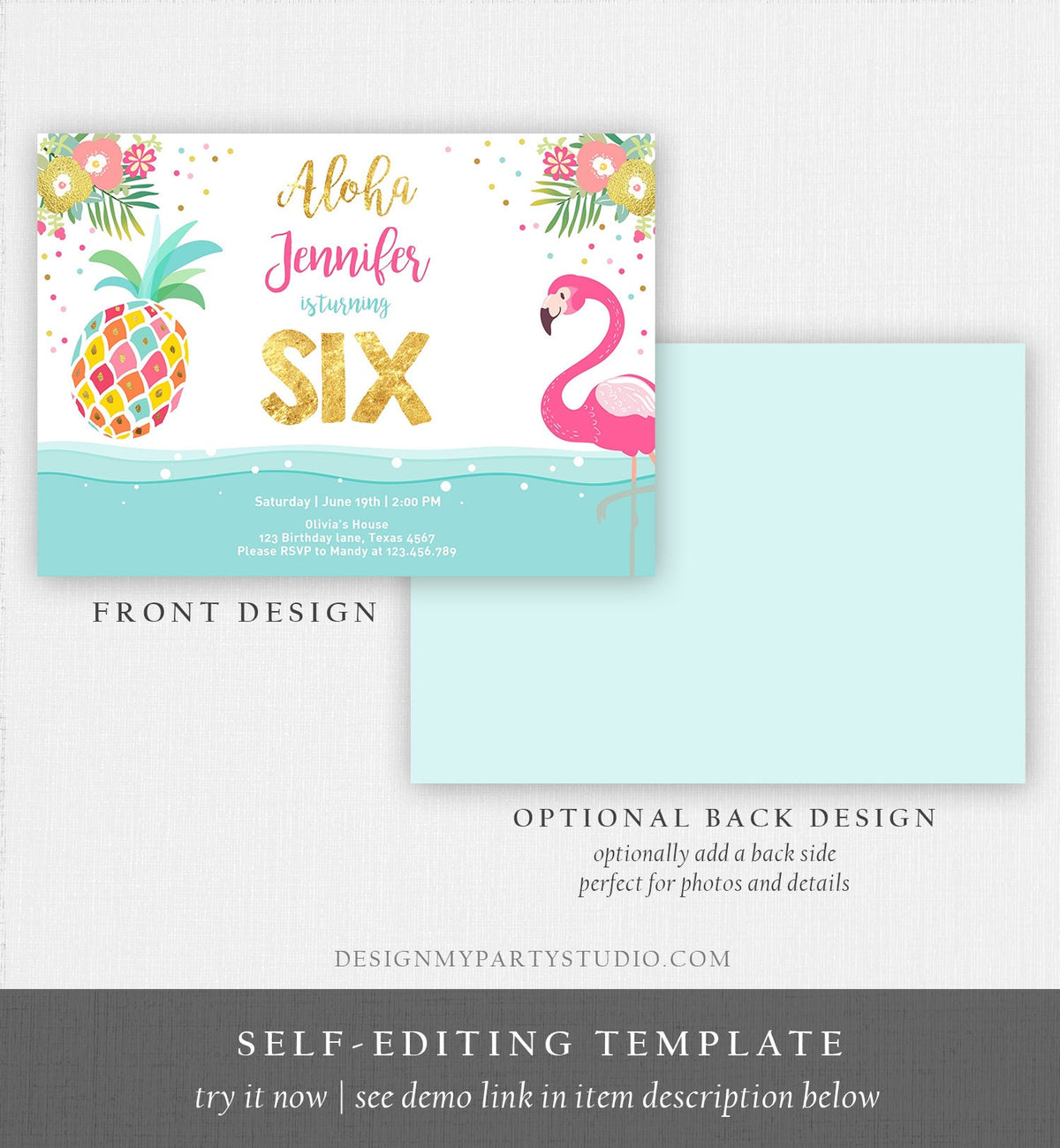Editable Aloha Tropical Birthday Invitation ANY AGE Flamingo Pineapple Luau Party Leaves Pink Gold Hawaiian Corjl Template Printable 0200