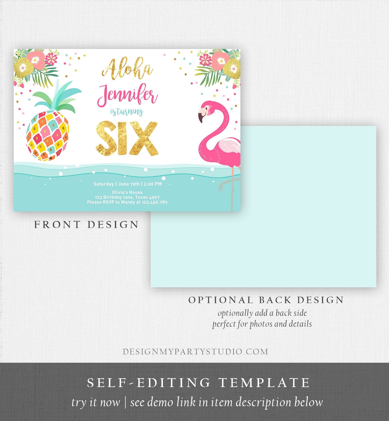 Editable Aloha Tropical Birthday Invitation ANY AGE Flamingo Pineapple Luau Party Leaves Pink Gold Hawaiian Corjl Template Printable 0200
