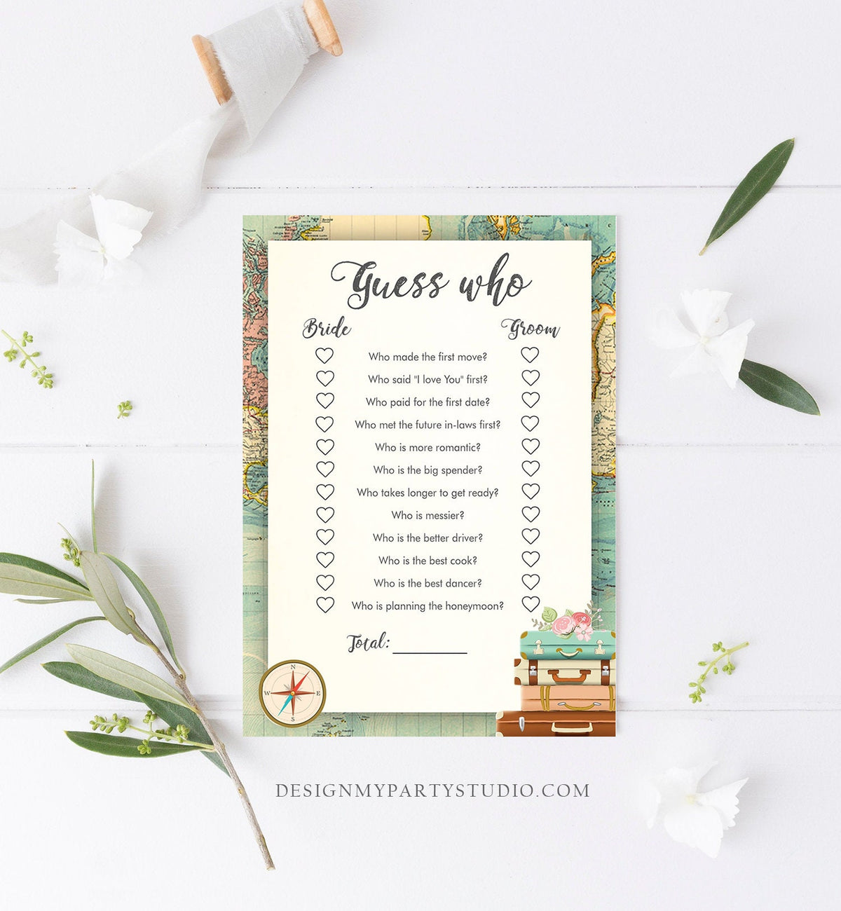 Editable Guess Who Bridal Shower Game Travel Bride Groom Said Wedding Shower Activity Vintage Map Suitcases Corjl Template Printable 0044