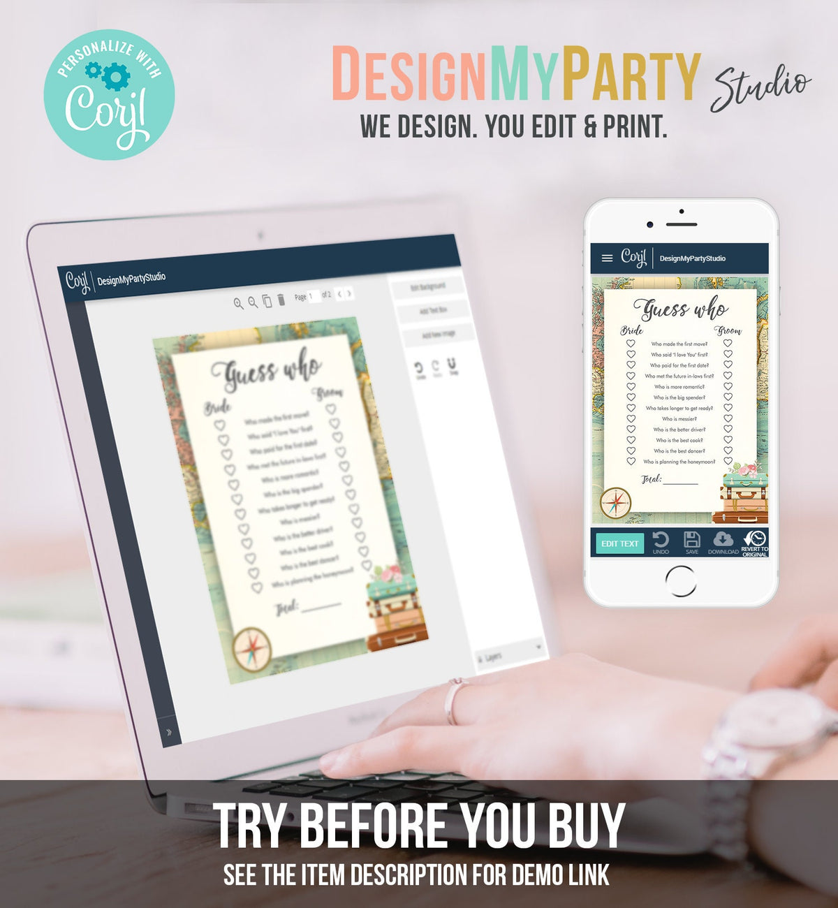 Editable Guess Who Bridal Shower Game Travel Bride Groom Said Wedding Shower Activity Vintage Map Suitcases Corjl Template Printable 0044