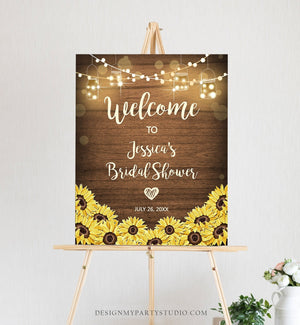 Editable Sunflowers Welcome Sign Rustic Wood Bridal Shower Couples Shower String Lights Jars Wedding Shower Corjl Template Printable 0015