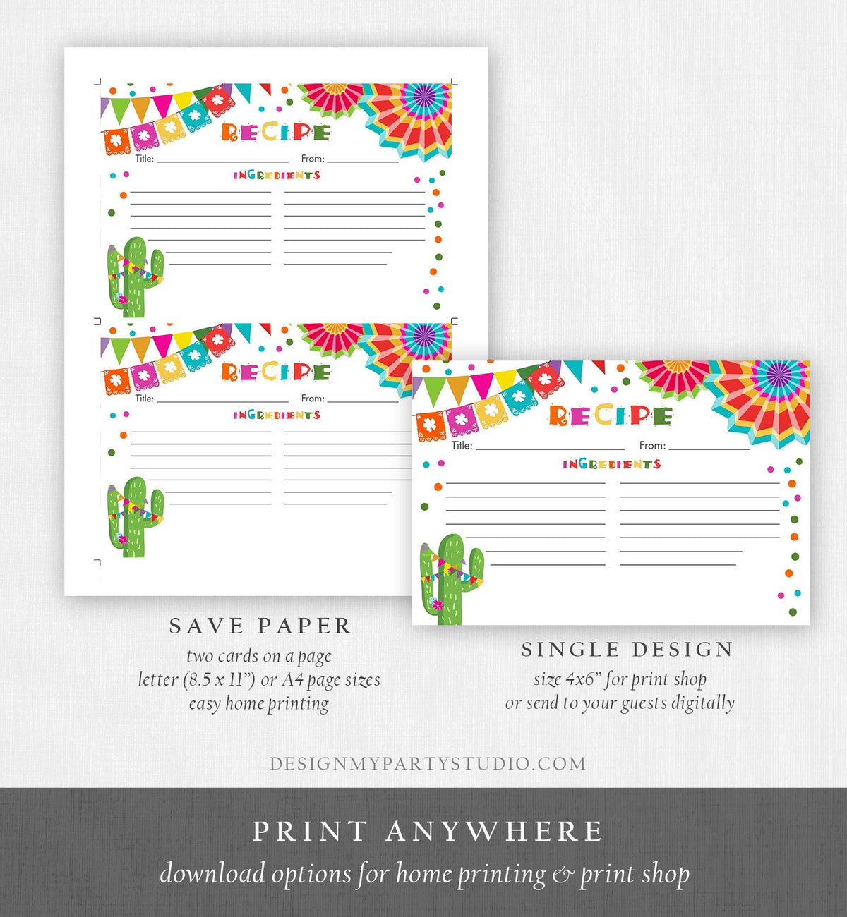 Editable Fiesta Cactus Recipe Cards Fiesta Bridal Shower Baby Succulent Mexican Double Sided 4x6 Download Corjl Template Printable 0045