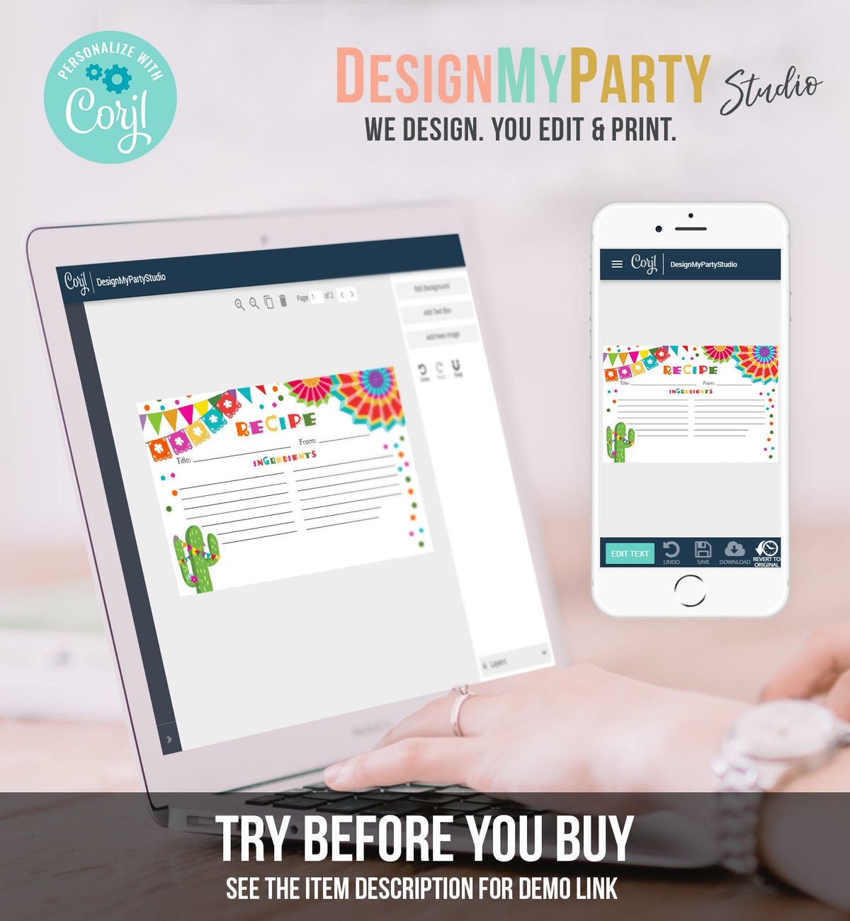 Editable Fiesta Cactus Recipe Cards Fiesta Bridal Shower Baby Succulent Mexican Double Sided 4x6 Download Corjl Template Printable 0045