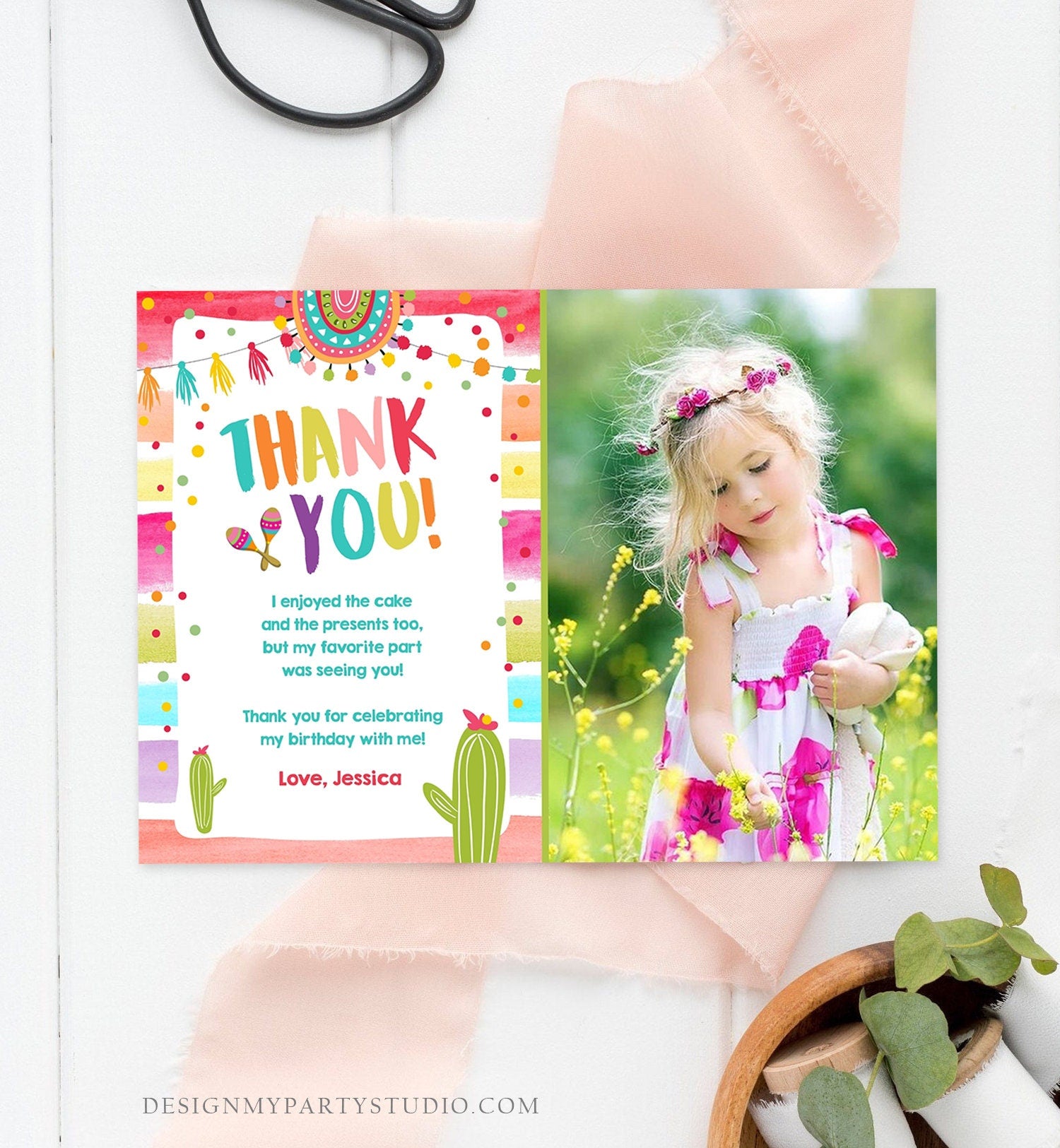 Editable Let's Fiesta Thank You Card Cactus Succulent First Birthday Party Girl 1st Mexican Digital Download Template Printable 0134