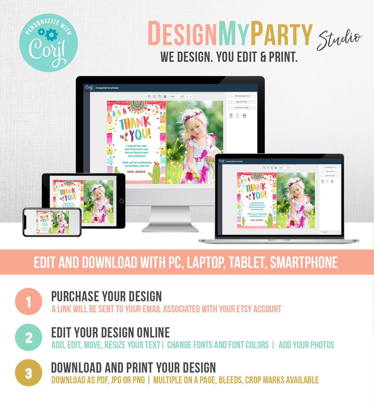 Editable Let&#39;s Fiesta Thank You Card Cactus Succulent First Birthday Party Girl 1st Mexican Digital Download Template Printable 0134