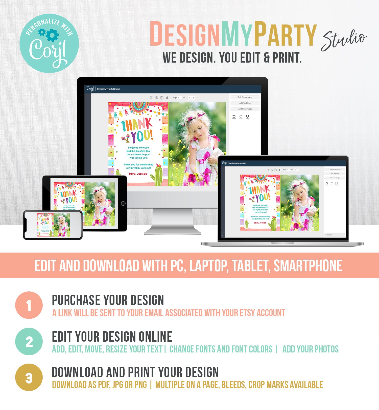 Editable Let's Fiesta Thank You Card Cactus Succulent First Birthday Party Girl 1st Mexican Digital Download Template Printable 0134