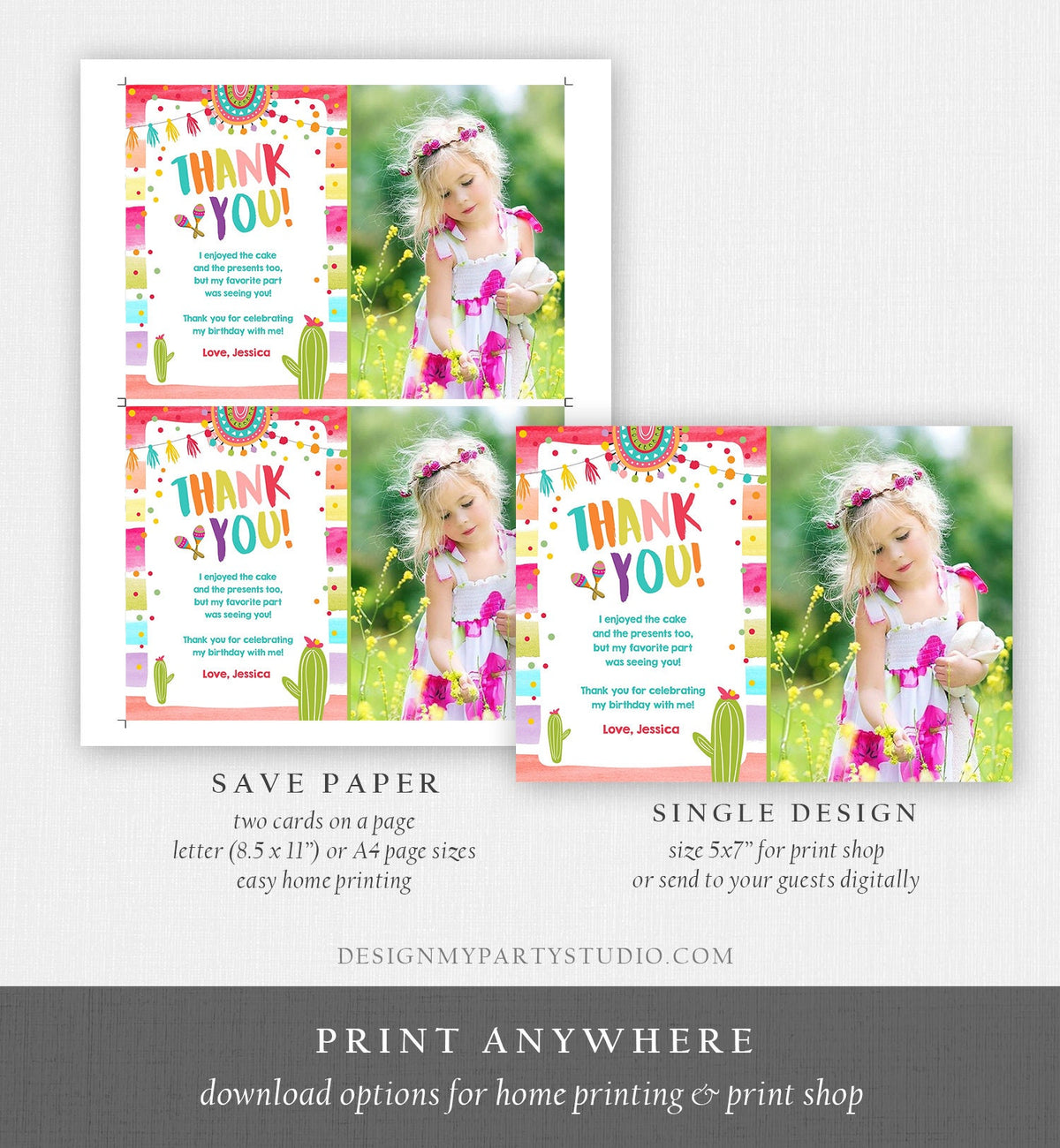 Editable Let&#39;s Fiesta Thank You Card Cactus Succulent First Birthday Party Girl 1st Mexican Digital Download Template Printable 0134