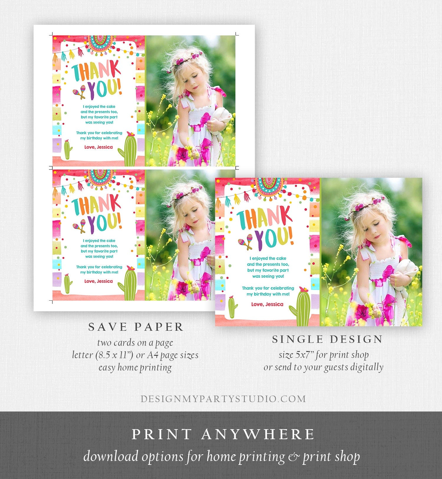 Editable Let's Fiesta Thank You Card Cactus Succulent First Birthday Party Girl 1st Mexican Digital Download Template Printable 0134