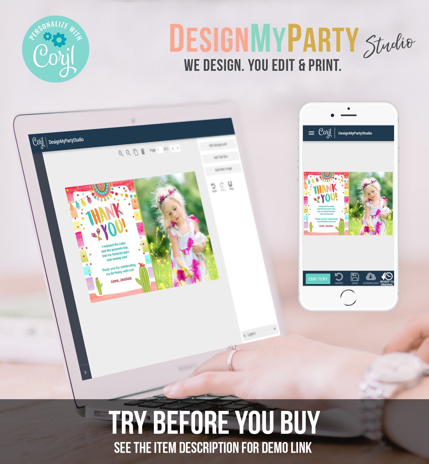 Editable Let's Fiesta Thank You Card Cactus Succulent First Birthday Party Girl 1st Mexican Digital Download Template Printable 0134