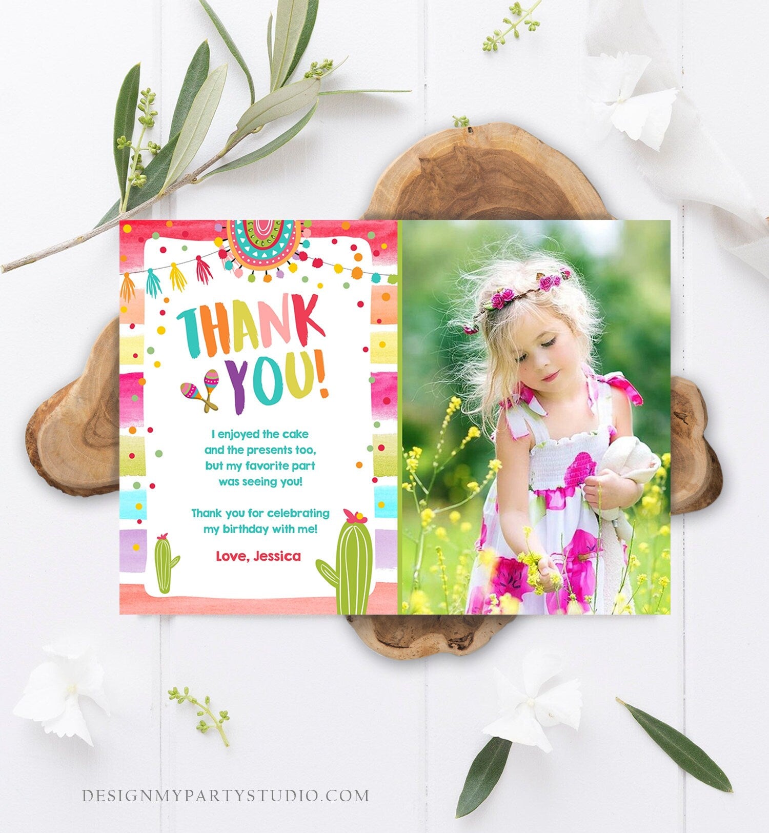 Editable Let's Fiesta Thank You Card Cactus Succulent First Birthday Party Girl 1st Mexican Digital Download Template Printable 0134