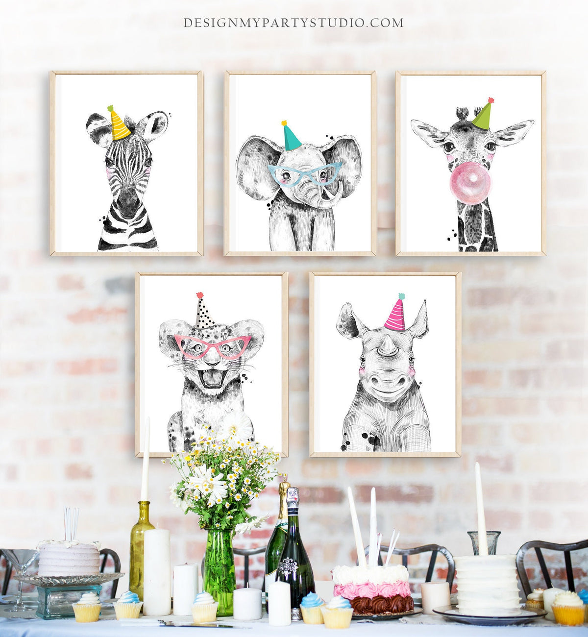 Party Safari Animals Print Set Birthday Decor Wall Art Wild Animals Bubblegum Nursery Animals Decor Jungle Download Printable 0322 0390