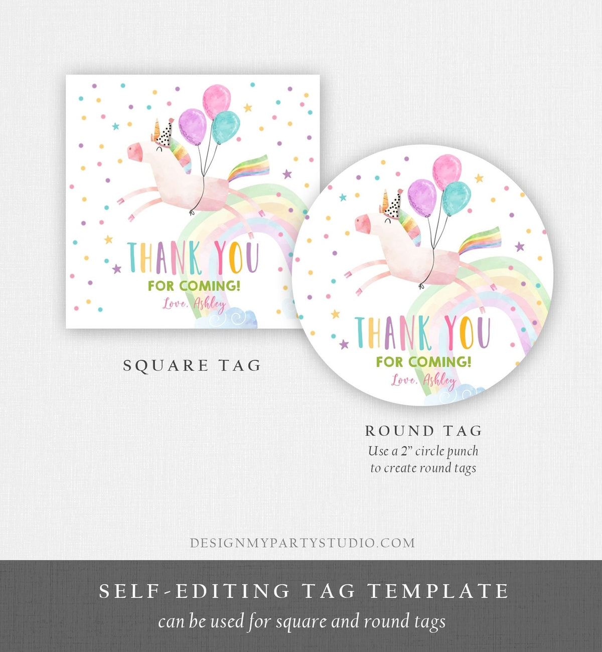 Editable Unicorn Favor Tags Unicorn Birthday Party Thank You Gift Tags Magical Rainbow Girl Round Sticker Corjl Pink Gold Template 0336