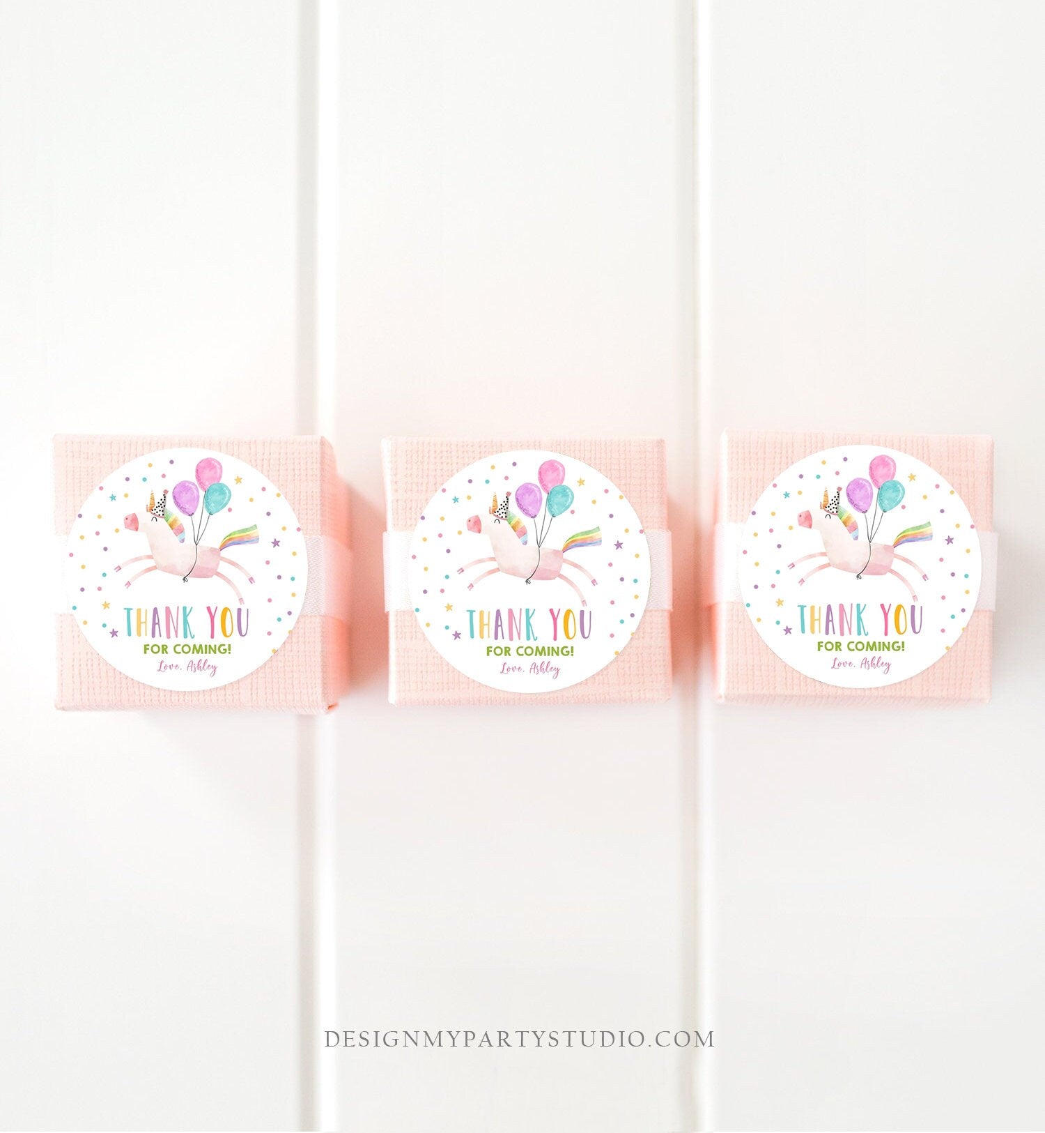 Editable Unicorn Favor Tags Unicorn Birthday Party Thank You Gift Tags Magical Rainbow Girl Round Sticker Corjl Pink Gold Template 0336