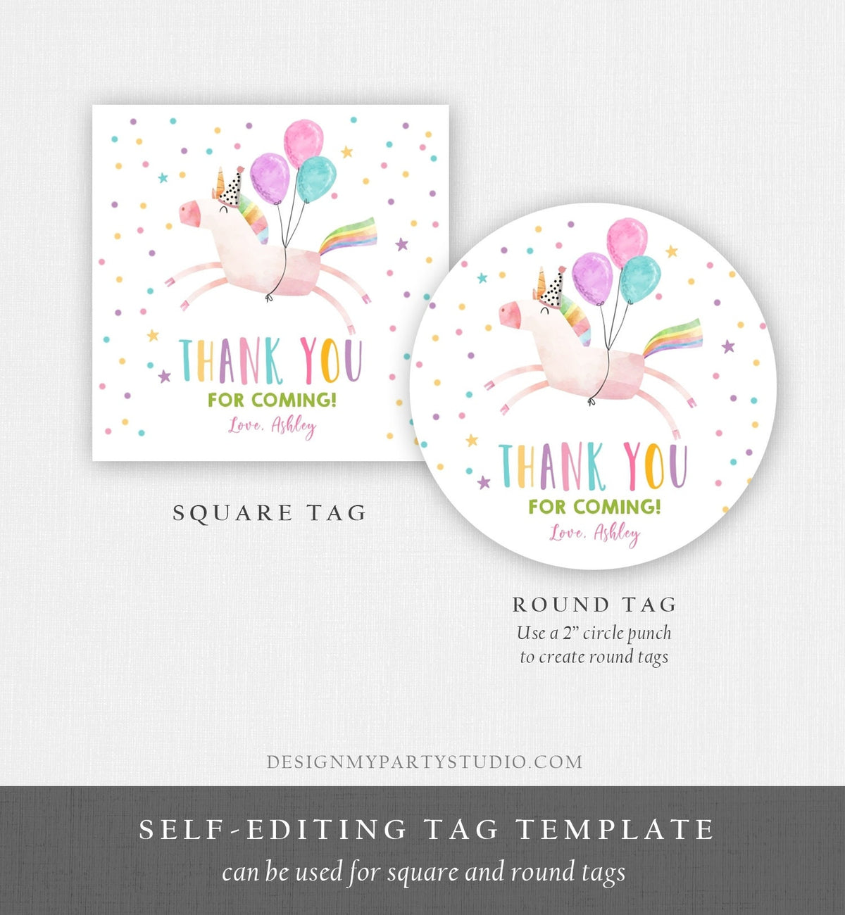 Editable Unicorn Favor Tags Unicorn Birthday Party Thank You Gift Tags Magical Rainbow Girl Round Sticker Pink Gold Template Printable 0336