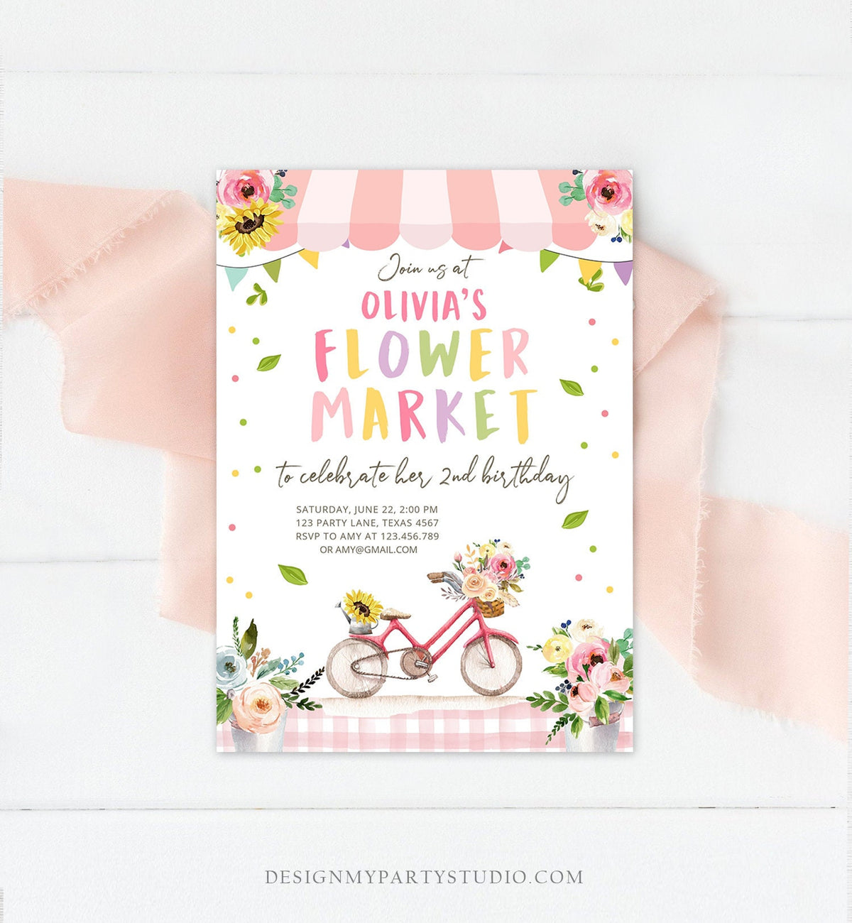 Editable Flower Market Birthday Invitation Home Grown Farmers Farm Floral Market Girl Pink Digital Download Evite Template Printable 0347