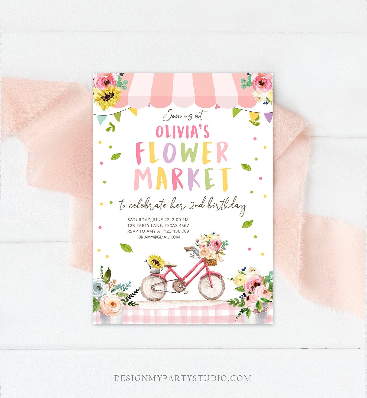 Editable Flower Market Birthday Invitation Home Grown Farmers Farm Floral Market Girl Pink Download Printable Invite Template Corjl 0347