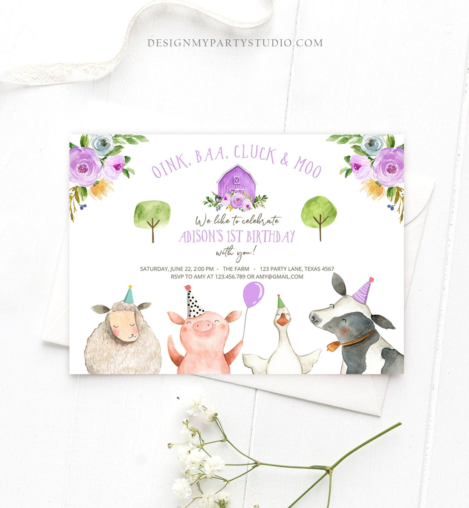 Editable Farm Birthday Invitation Girl Farm Animals Purple Floral Barnyard Party Download Printable Invitation Template Digital Corjl 0155