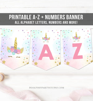 Unicorn Birthday Banner A-Z Alphabet Numbers Banner First Happy Birthday Banner Girl Magical Pink Gold Decor Instant Download Printable 0041