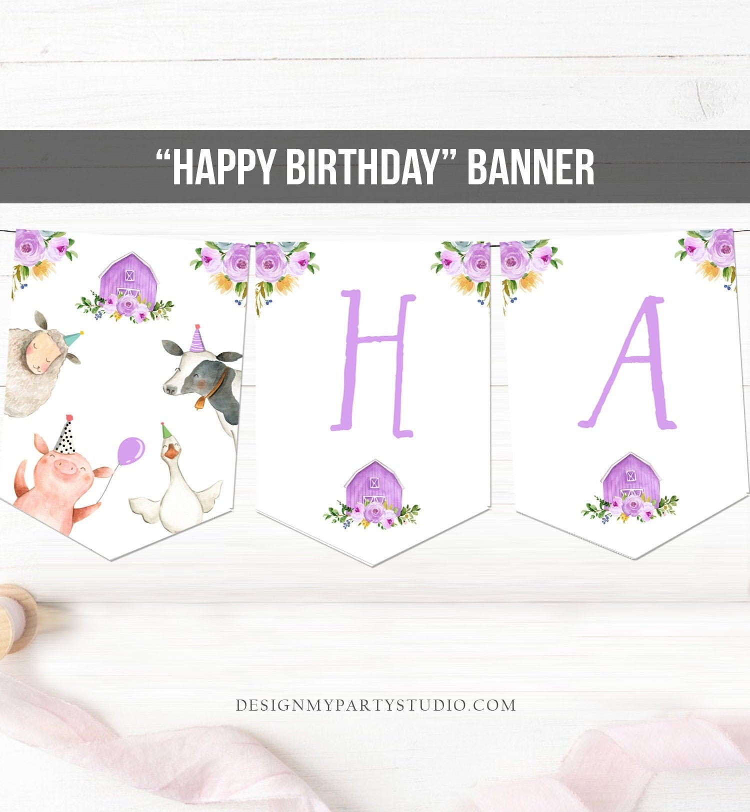 Happy Birthday Banner Purple Farm Birthday Banner Farm Animals Girl Barnyard Birthday Decor Party Animals Download PRINTABLE DIGITAL 0155
