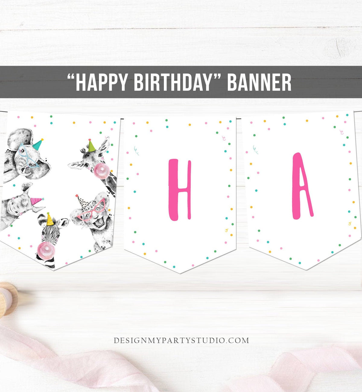 Happy Birthday Banner Safari Animals Pink Party Animals Wild One Birthday Girl Zoo Decorations Instant Download PRINTABLE DIGITAL 0390
