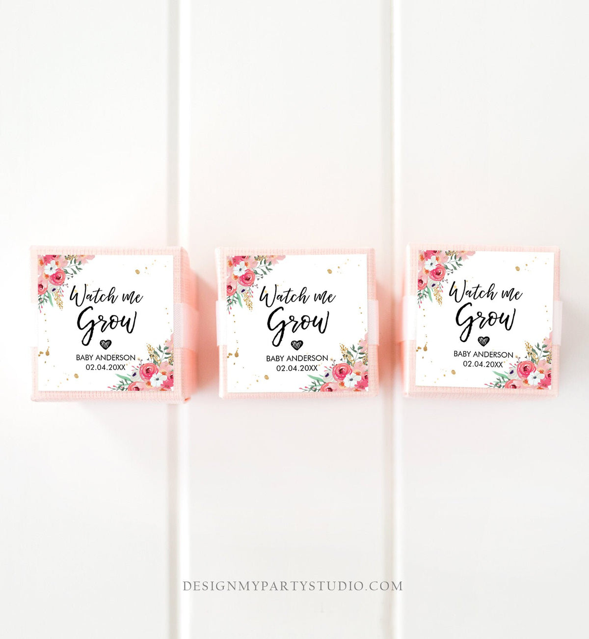 Editable Watch Me Grow Tags Baby Shower Favor Tags Plant Tags Cactus Succulent Thank You Pink Floral Gold Digital Template Printable 0030