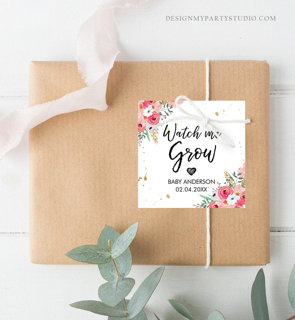 Editable Watch Me Grow Tags Baby Shower Favor Tags Plant Tags Cactus Succulent Thank You Pink Floral Gold Digital Template Printable 0030