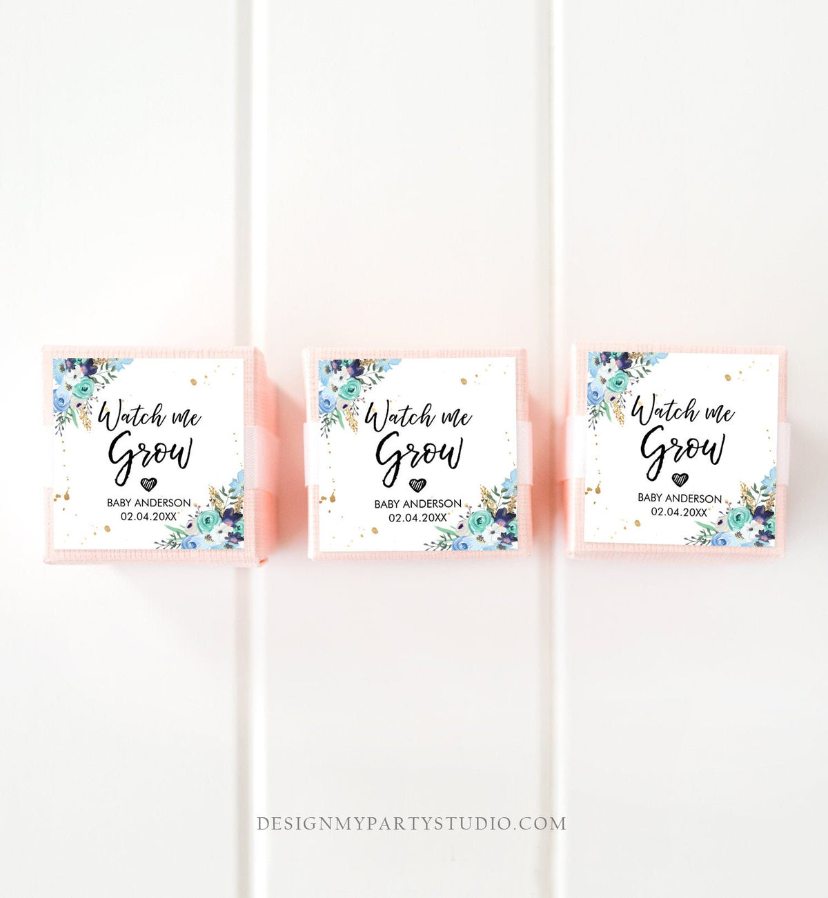 Editable Watch Me Grow Tags Baby Shower Favor Tags Plant Tags Cactus Succulent Thank You Tag Blue Floral Gold Corjl Template Printable 0030