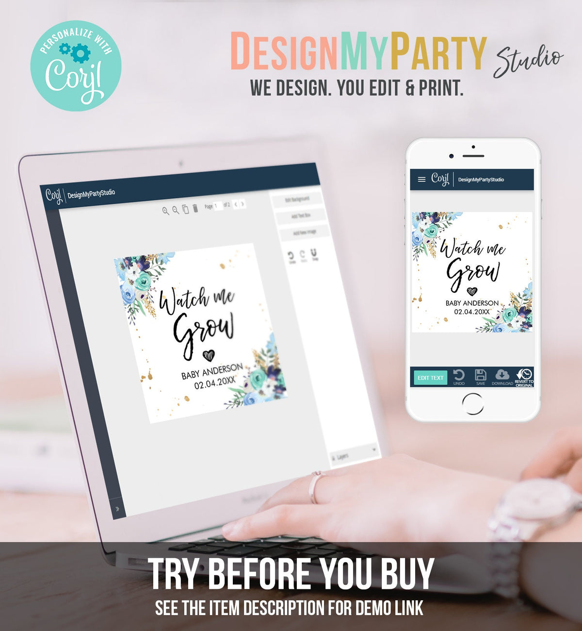 Editable Watch Me Grow Tags Baby Shower Favor Tags Plant Tags Cactus Succulent Thank You Tag Blue Floral Gold Corjl Template Printable 0030