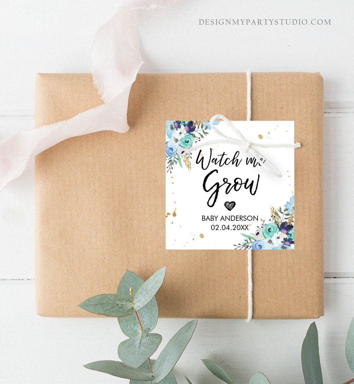 Editable Watch Me Grow Tags Baby Shower Favor Tags Plant Tags Cactus Succulent Thank You Tag Blue Floral Gold Corjl Template Printable 0030