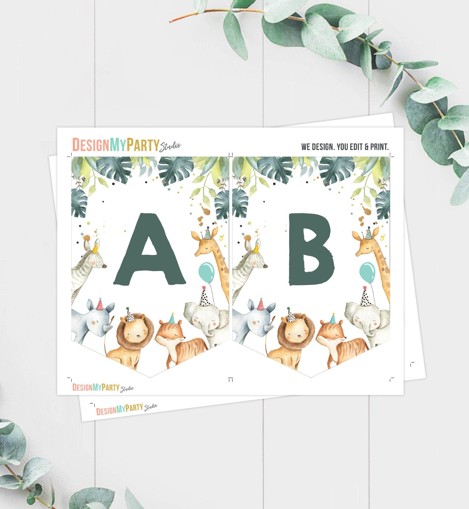 Safari Animals Birthday Banner A-Z Alphabet Numbers Banner First Happy Birthday Banner Zoo Green Boy Blue Jungle Decor Printable 0163