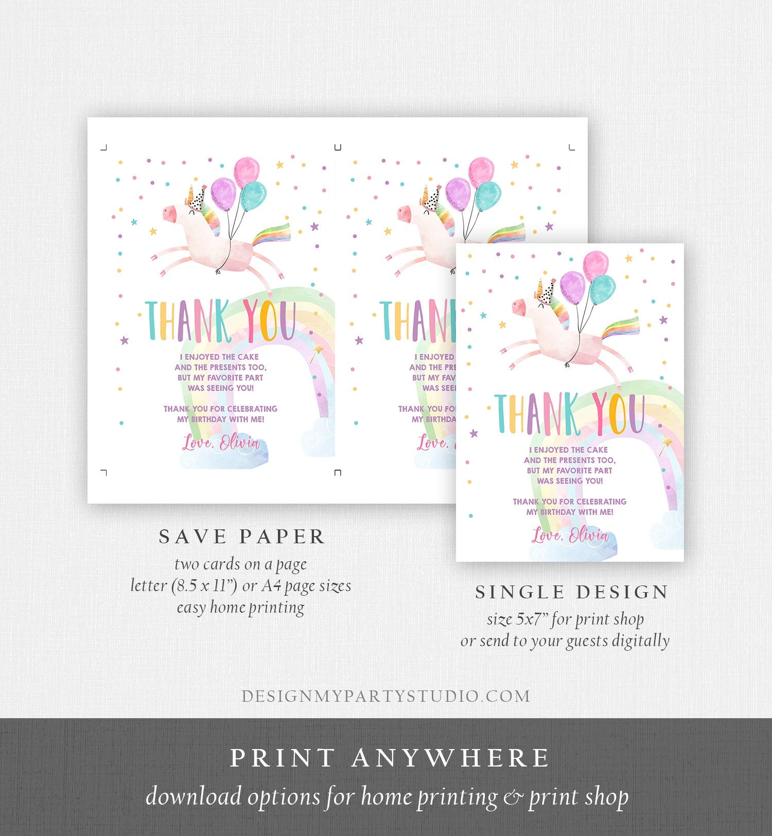 Editable Unicorn Thank You Card Girl Birthday Thank You Note Pink Gold Magical Party Baby Shower Download Digital Template Printable 0336