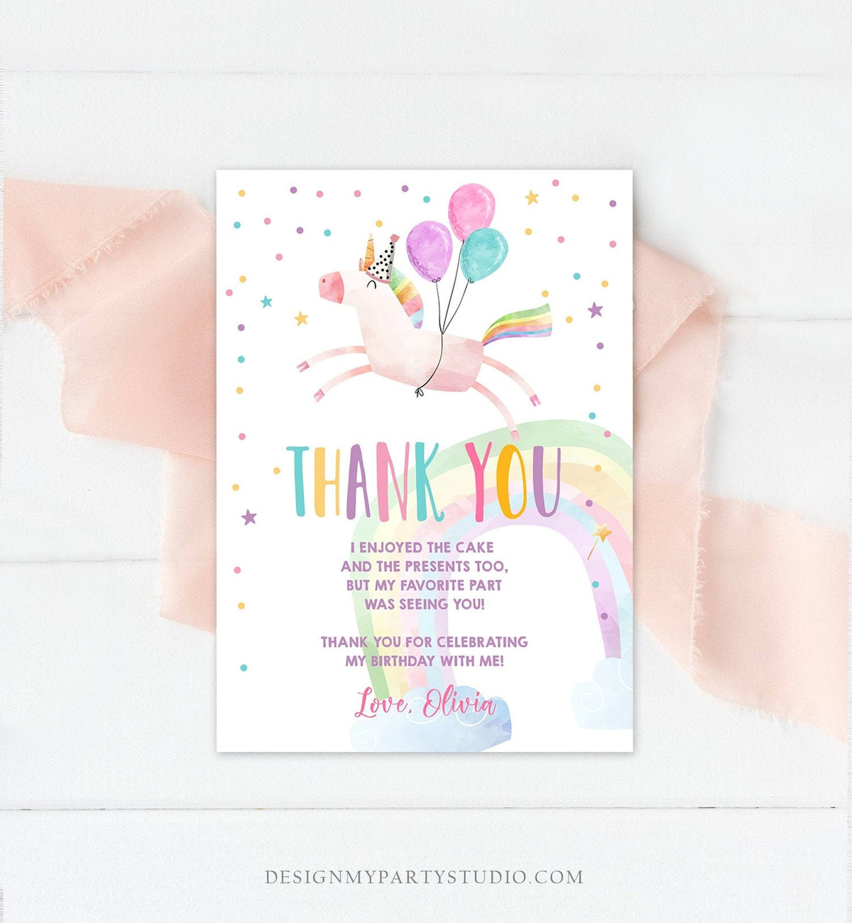 Editable Unicorn Thank You Card Girl Birthday Thank You Note Pink Gold Magical Party Baby Shower Download Digital Template Printable 0336