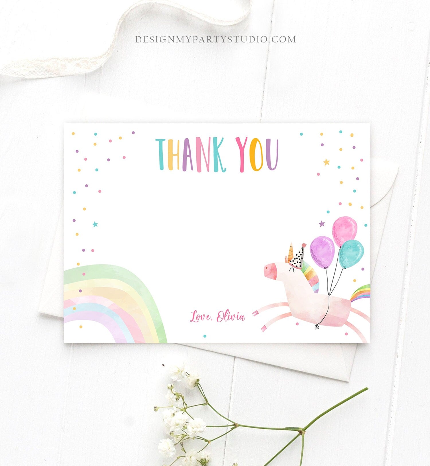 Editable Unicorn Thank You Card Girl Birthday Thank You Note Pink Gold Magical Party Baby Shower Download Corjl Template Printable 0336