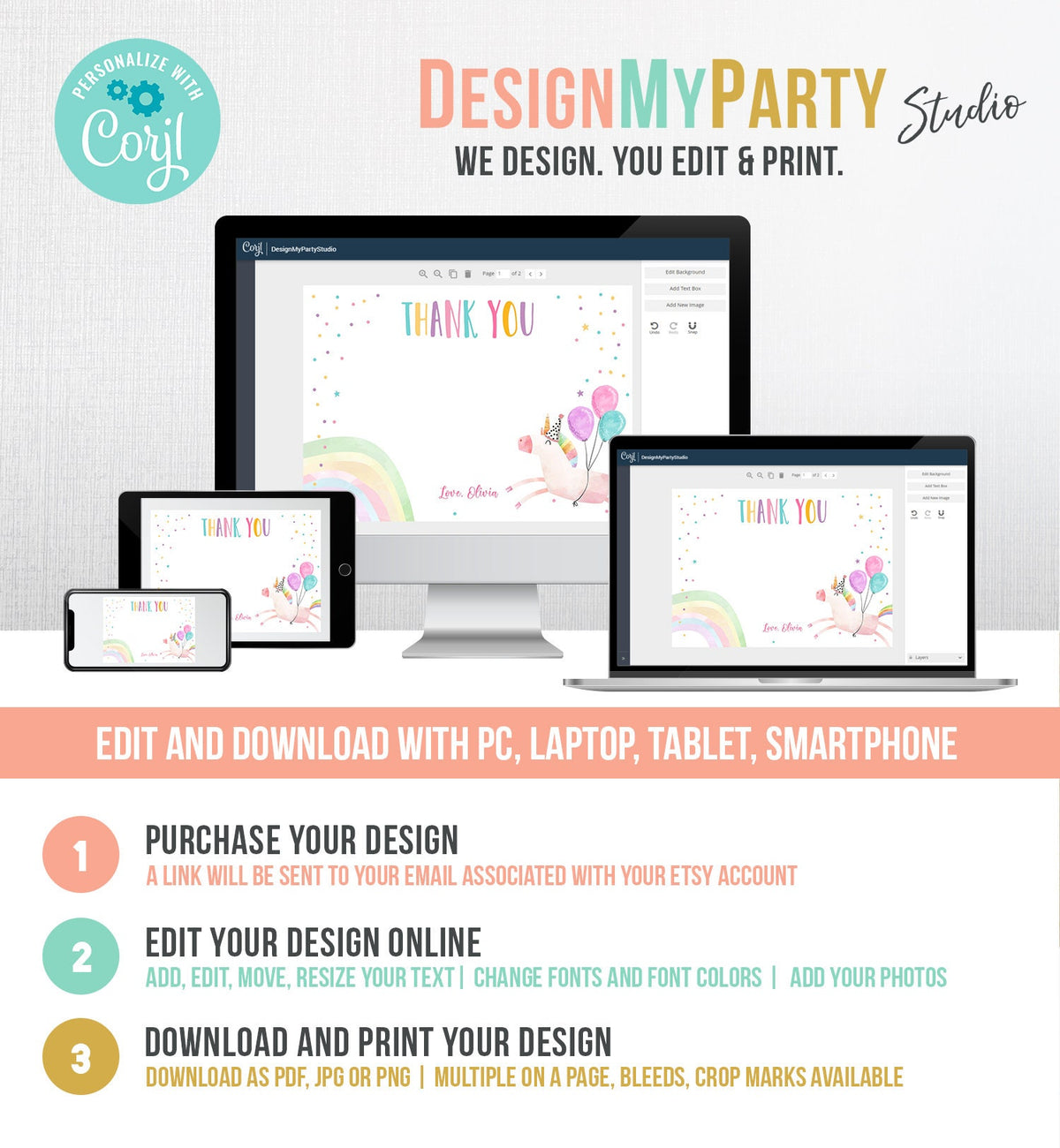 Editable Unicorn Thank You Card Girl Birthday Thank You Note Pink Gold Magical Party Baby Shower Download Corjl Template Printable 0336