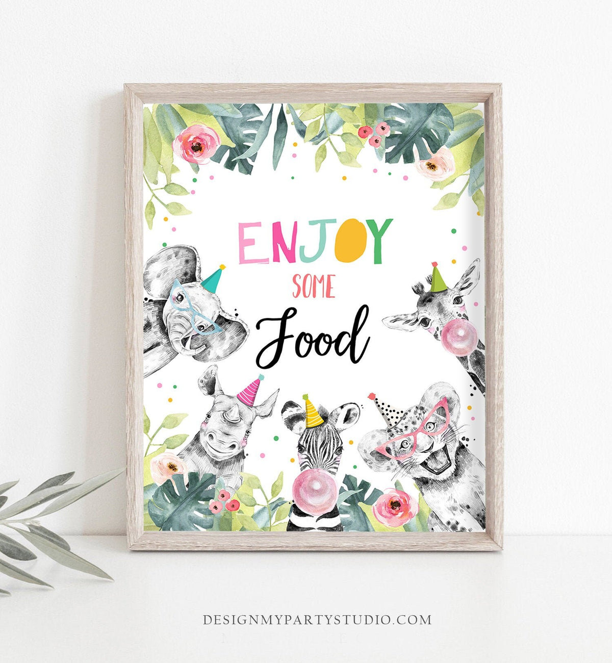 Enjoy Some Food Birthday Sign Party Food Table Bar Snacks Wild One Safari Animals Party Animals Zoo Girl Pink Decor Download Printable 0322
