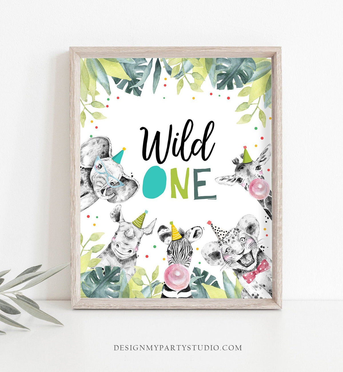 Wild One Birthday Sign Party One Wild Year First Birthday 1st Safari Animals Party Animals Zoo Boy Blue Green Decor Download Printable 0322