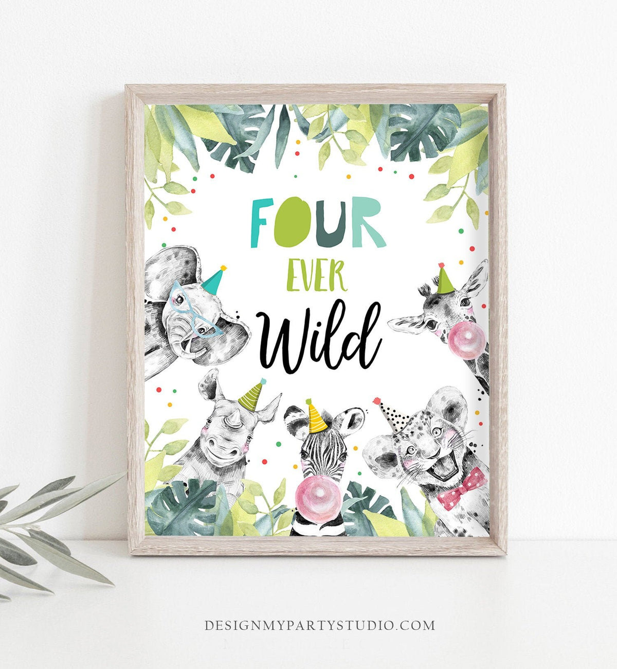 Four Ever Wild Birthday Sign Party Fourth Birthday 4th Safari Animals Party Animals Zoo Boy Blue Green Decor Instant Download Printable 0322